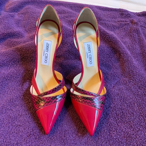 NWOB Jimmy Choo Pink/Black Snakeprint Patent Leather Dorsey Pumps sz 38.5 - Picture 1 of 8